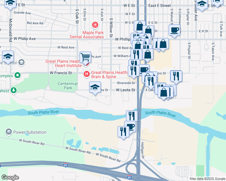 map of restaurants, bars, coffee shops, grocery stores, and more near 2105 South Locustgrand Island in North Platte