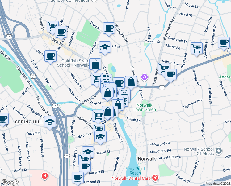 map of restaurants, bars, coffee shops, grocery stores, and more near 34 High Street in Norwalk