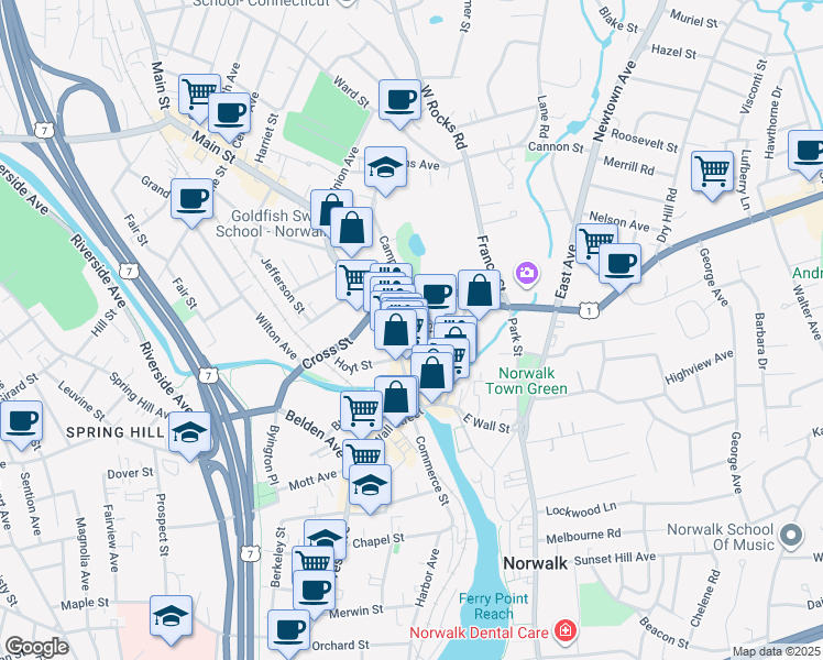 map of restaurants, bars, coffee shops, grocery stores, and more near 74 Main Street in Norwalk