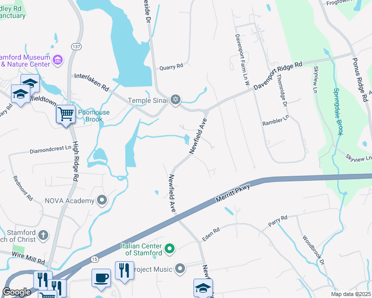 map of restaurants, bars, coffee shops, grocery stores, and more near 1814 Newfield Avenue in Stamford