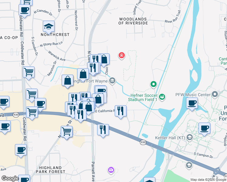 map of restaurants, bars, coffee shops, grocery stores, and more near 4931 Fairington Drive in Fort Wayne