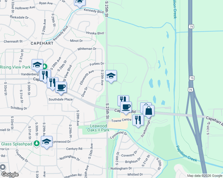 map of restaurants, bars, coffee shops, grocery stores, and more near 12501 South 25th Street in Bellevue
