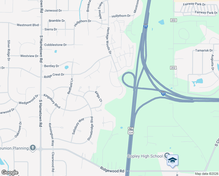 map of restaurants, bars, coffee shops, grocery stores, and more near 519 Queens Court in Akron