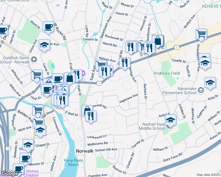 map of restaurants, bars, coffee shops, grocery stores, and more near 33 Parkhill Avenue in Norwalk