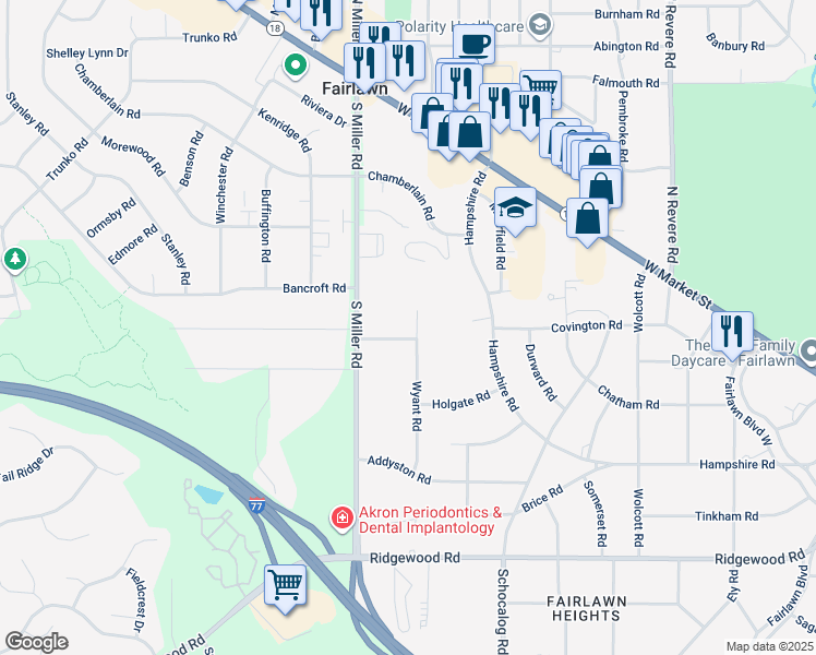 map of restaurants, bars, coffee shops, grocery stores, and more near 2663 Waltham Road in Akron