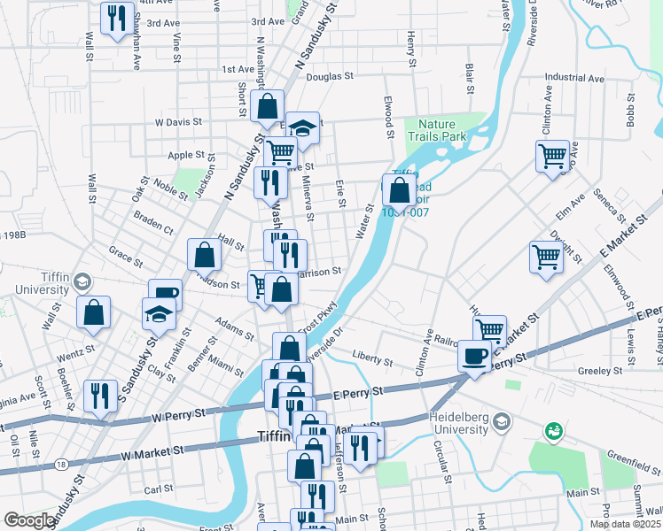 map of restaurants, bars, coffee shops, grocery stores, and more near 61 Harrison Street in Tiffin