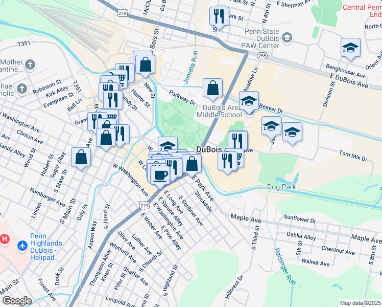 map of restaurants, bars, coffee shops, grocery stores, and more near 315 Liberty Boulevard in DuBois