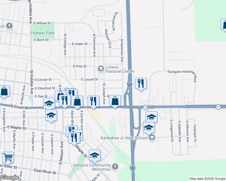 map of restaurants, bars, coffee shops, grocery stores, and more near 1951 East Chestnut Street in Kankakee