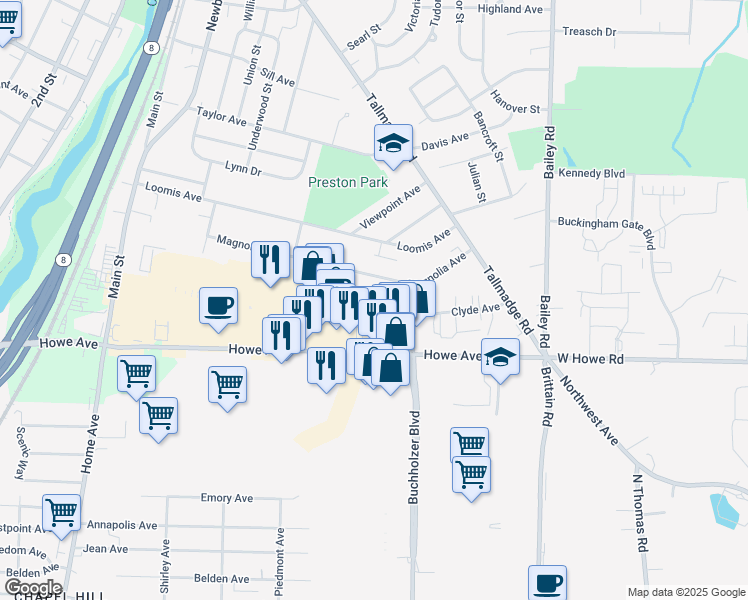 map of restaurants, bars, coffee shops, grocery stores, and more near 701 Edward Avenue in Cuyahoga Falls