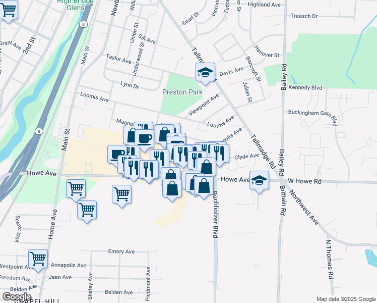 map of restaurants, bars, coffee shops, grocery stores, and more near 629 Edward Avenue in Cuyahoga Falls