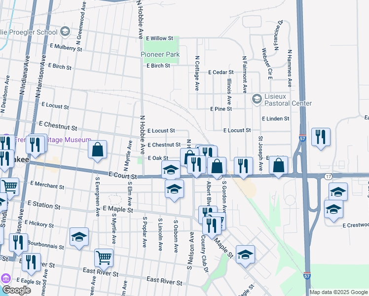 map of restaurants, bars, coffee shops, grocery stores, and more near 1378 East Chestnut Street in Kankakee