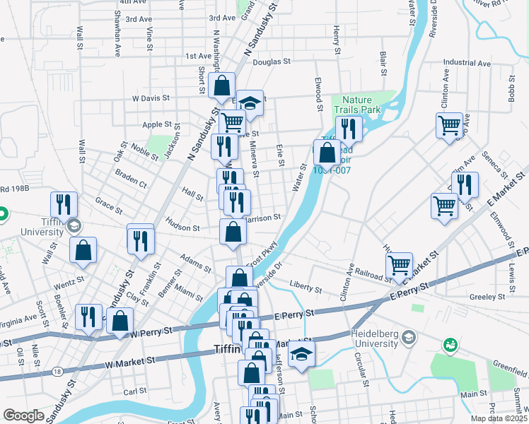 map of restaurants, bars, coffee shops, grocery stores, and more near 61 Harrison Street in Tiffin