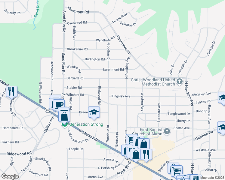 map of restaurants, bars, coffee shops, grocery stores, and more near 1970 Stabler Road in Akron
