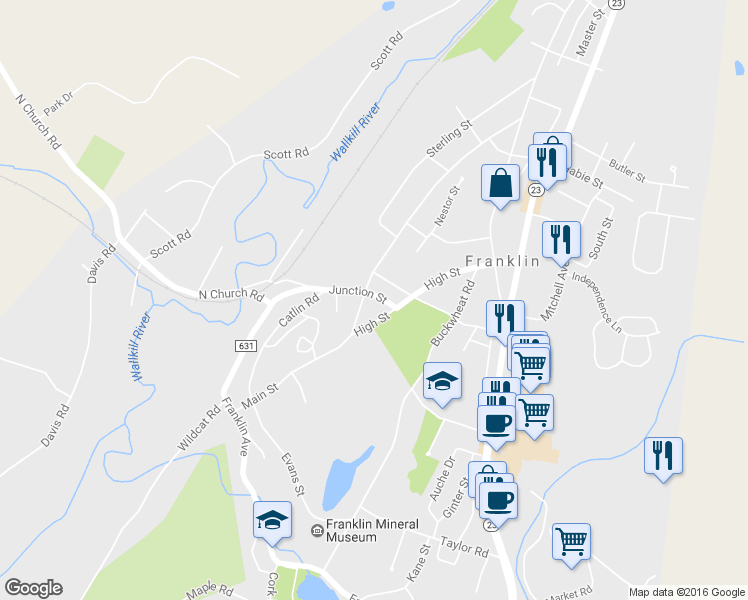map of restaurants, bars, coffee shops, grocery stores, and more near 19 Junction Street in Franklin