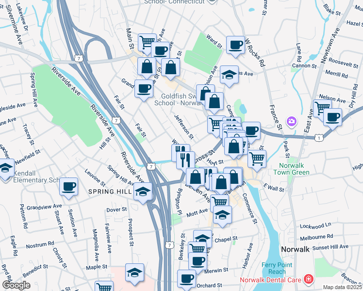 map of restaurants, bars, coffee shops, grocery stores, and more near 16 Wilton Avenue in Norwalk