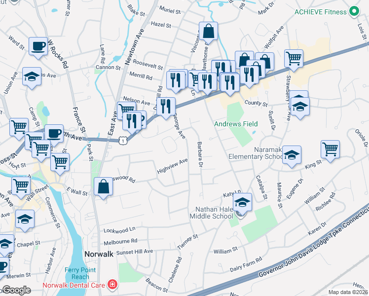 map of restaurants, bars, coffee shops, grocery stores, and more near 37 George Avenue in Norwalk