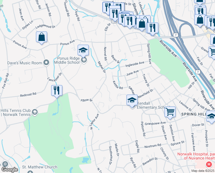 map of restaurants, bars, coffee shops, grocery stores, and more near 4 Camelot Drive in Norwalk