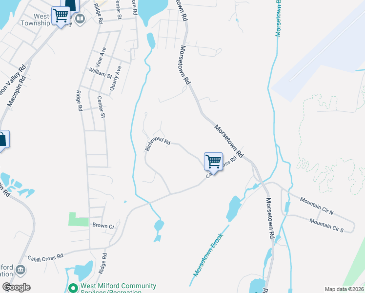 map of restaurants, bars, coffee shops, grocery stores, and more near 121 Richmond Road in West Milford