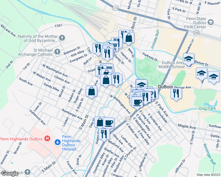 map of restaurants, bars, coffee shops, grocery stores, and more near 311 West Long Avenue in DuBois