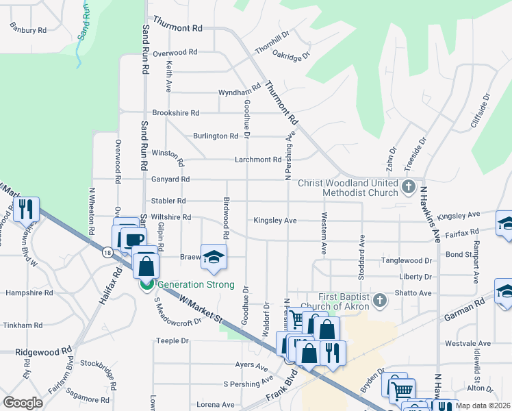 map of restaurants, bars, coffee shops, grocery stores, and more near 1970 Stabler Road in Akron
