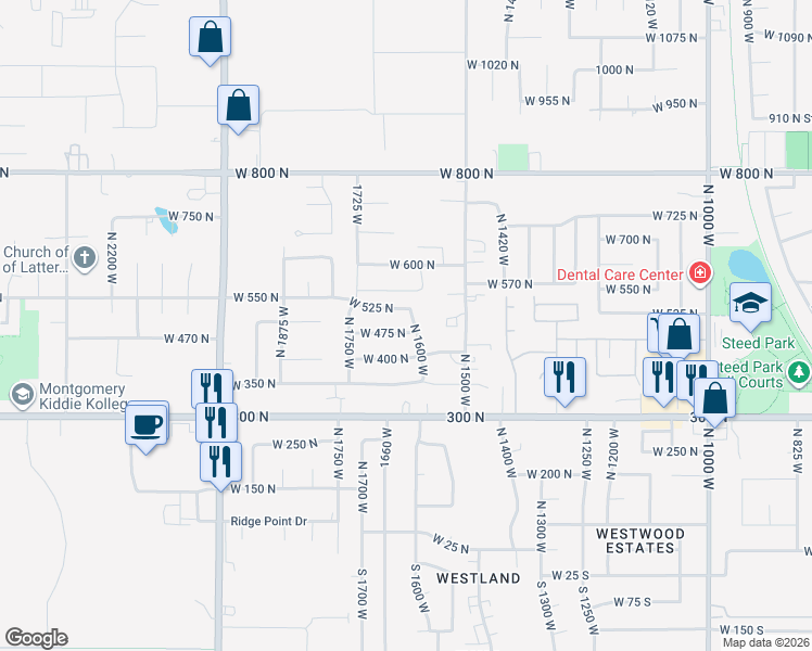 map of restaurants, bars, coffee shops, grocery stores, and more near 1621 West 525 North in West Point