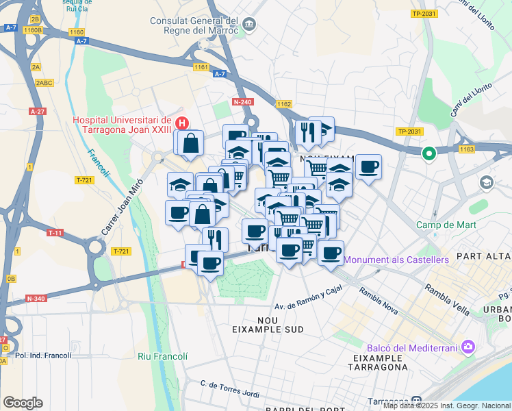 map of restaurants, bars, coffee shops, grocery stores, and more near 5 Rambla President Lluís Companys in Tarragona