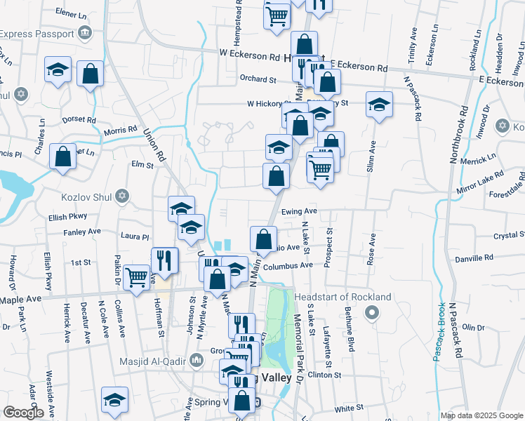 map of restaurants, bars, coffee shops, grocery stores, and more near 185 North Main Street in Spring Valley