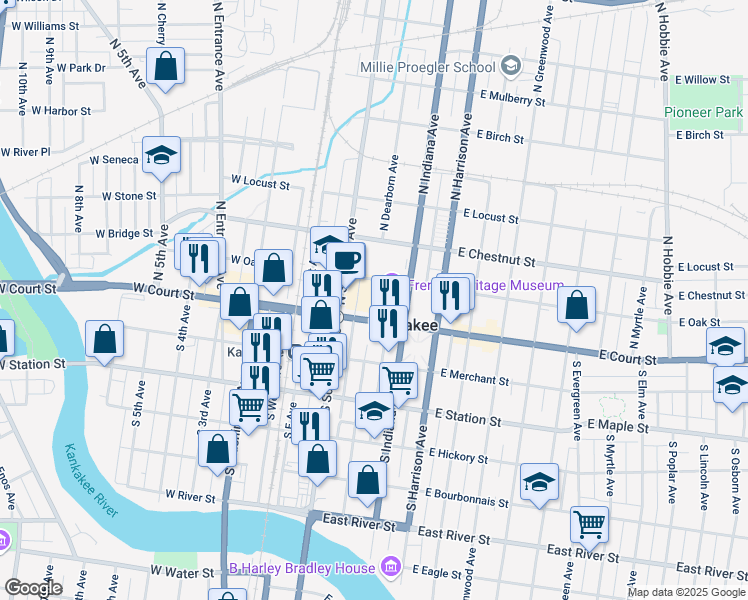 map of restaurants, bars, coffee shops, grocery stores, and more near 149 North Dearborn Avenue in Kankakee