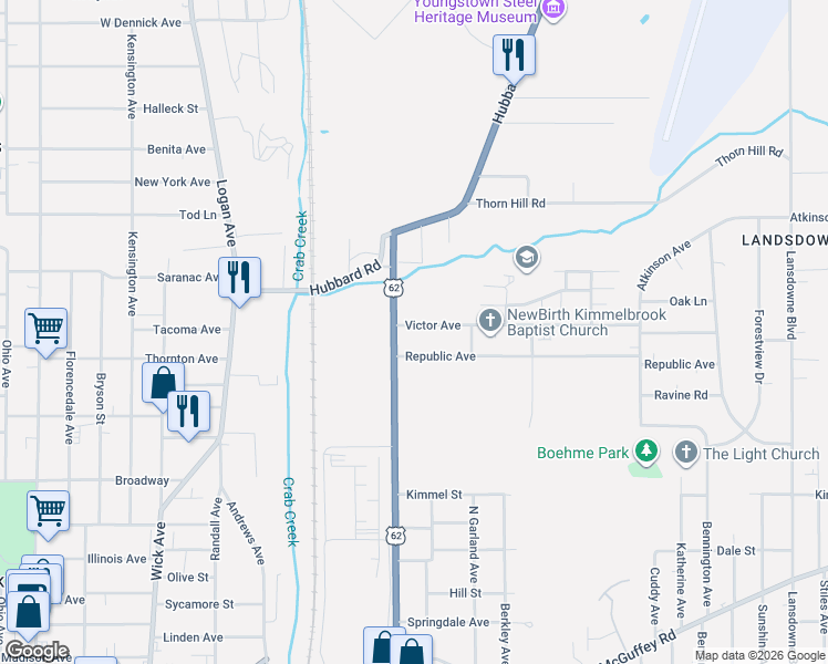 map of restaurants, bars, coffee shops, grocery stores, and more near 1121 Victor Avenue in Youngstown