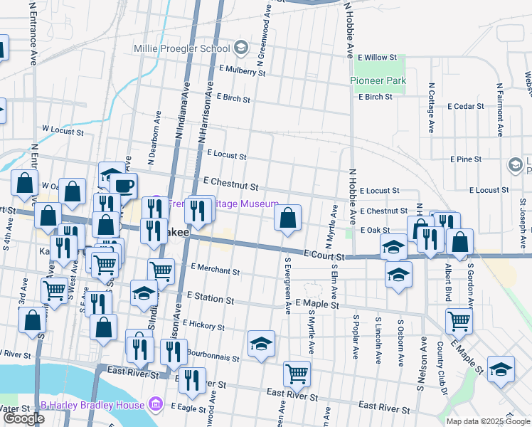 map of restaurants, bars, coffee shops, grocery stores, and more near 208 North Rosewood Avenue in Kankakee