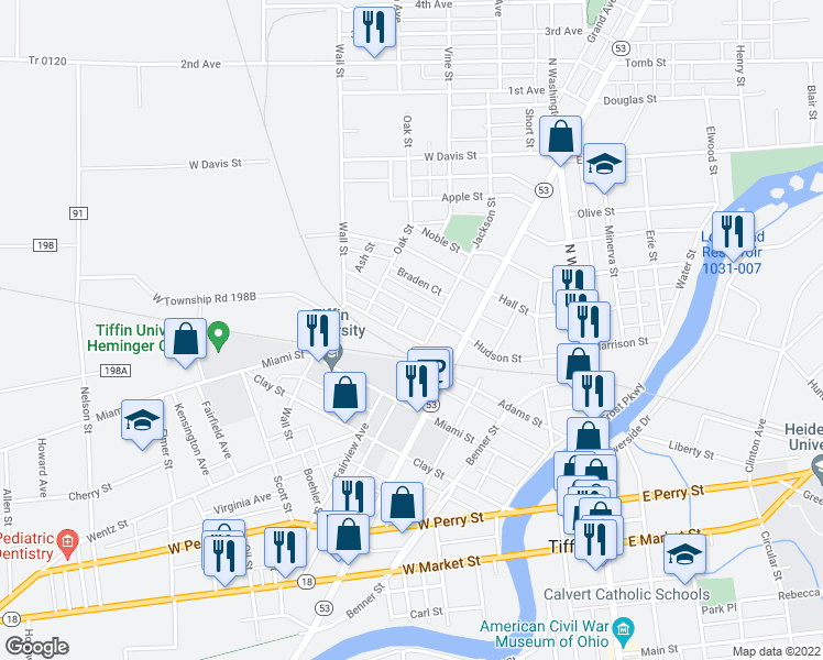 map of restaurants, bars, coffee shops, grocery stores, and more near 18 Grace Street in Tiffin