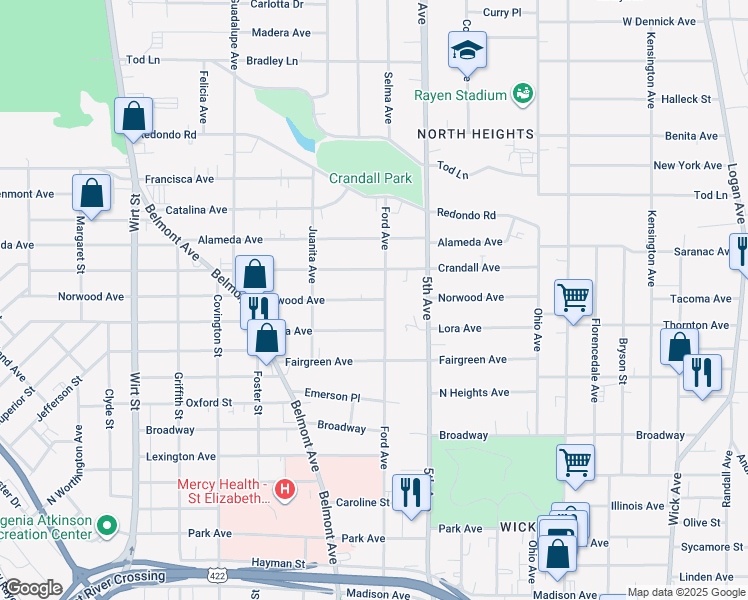 map of restaurants, bars, coffee shops, grocery stores, and more near 351 Norwood Avenue in Youngstown