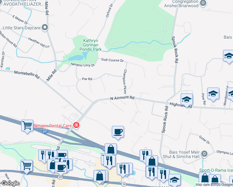 map of restaurants, bars, coffee shops, grocery stores, and more near 3 Turf Road in Suffern
