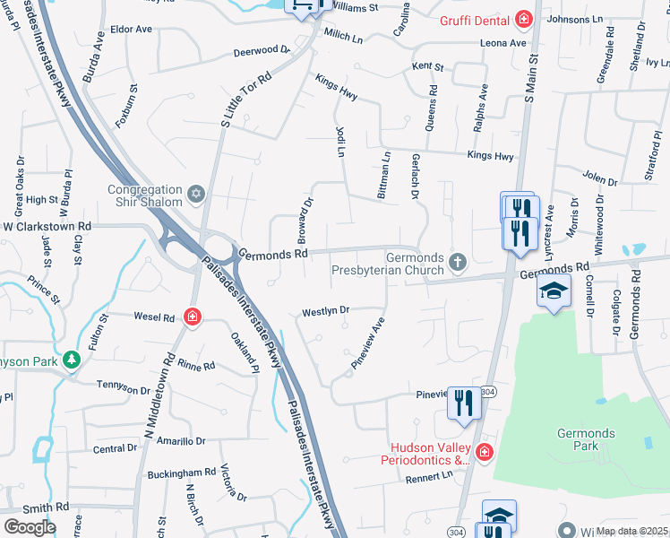 map of restaurants, bars, coffee shops, grocery stores, and more near 6 Stegmayer Lane in New City