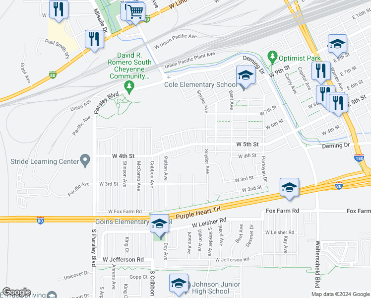 map of restaurants, bars, coffee shops, grocery stores, and more near 1012 West 5th Street in Cheyenne