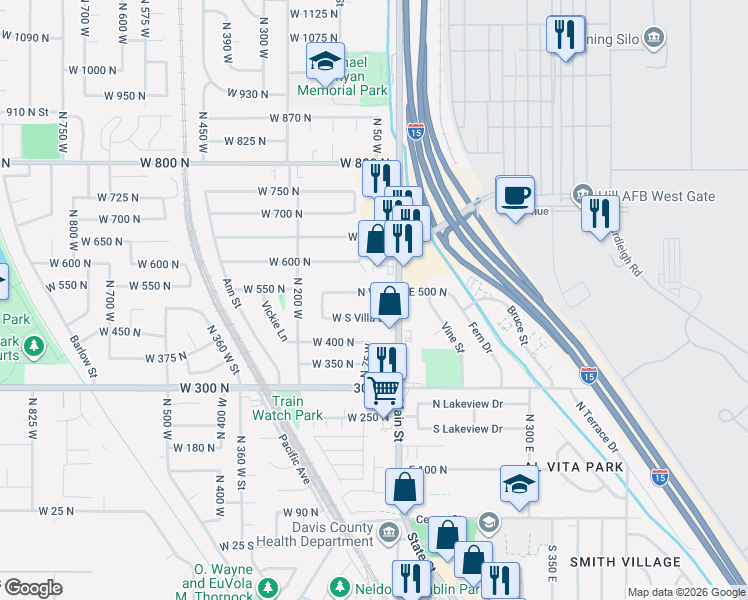 map of restaurants, bars, coffee shops, grocery stores, and more near 76 North Villa in Clearfield