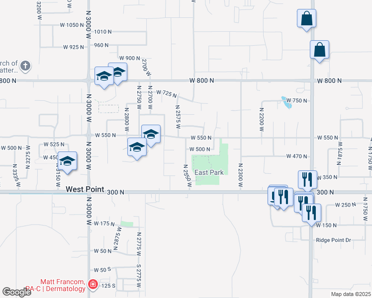map of restaurants, bars, coffee shops, grocery stores, and more near 2593 West 500 North in West Point