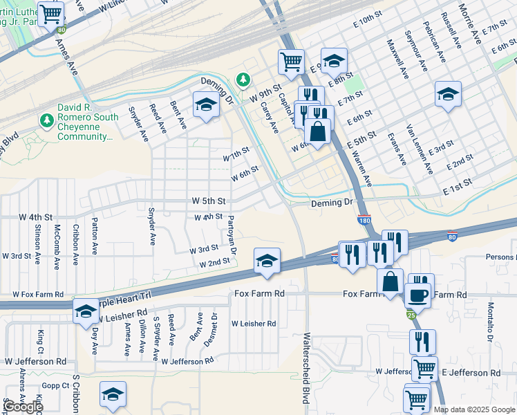 map of restaurants, bars, coffee shops, grocery stores, and more near 512 W 4th St in Cheyenne