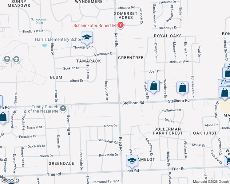 map of restaurants, bars, coffee shops, grocery stores, and more near 4537 Reed Road in Fort Wayne