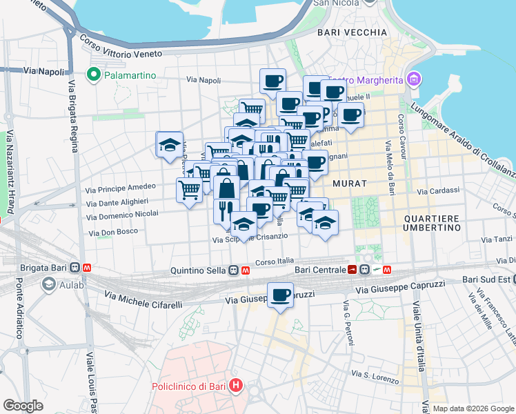 map of restaurants, bars, coffee shops, grocery stores, and more near 153-211 Via Domenico Nicolai in Bari