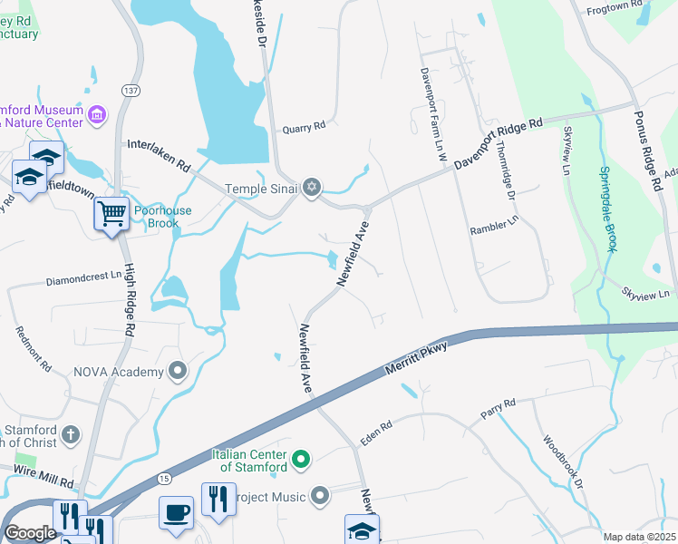 map of restaurants, bars, coffee shops, grocery stores, and more near 1824 Newfield Avenue in Stamford