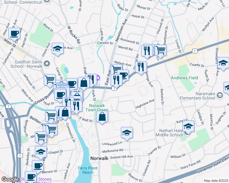 map of restaurants, bars, coffee shops, grocery stores, and more near 30 Westport Avenue in Norwalk