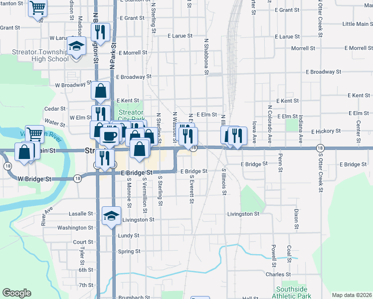 map of restaurants, bars, coffee shops, grocery stores, and more near 617 E Main St in Streator