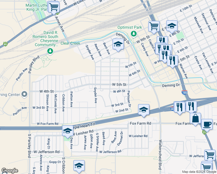 map of restaurants, bars, coffee shops, grocery stores, and more near 701 West 5th Street in Cheyenne