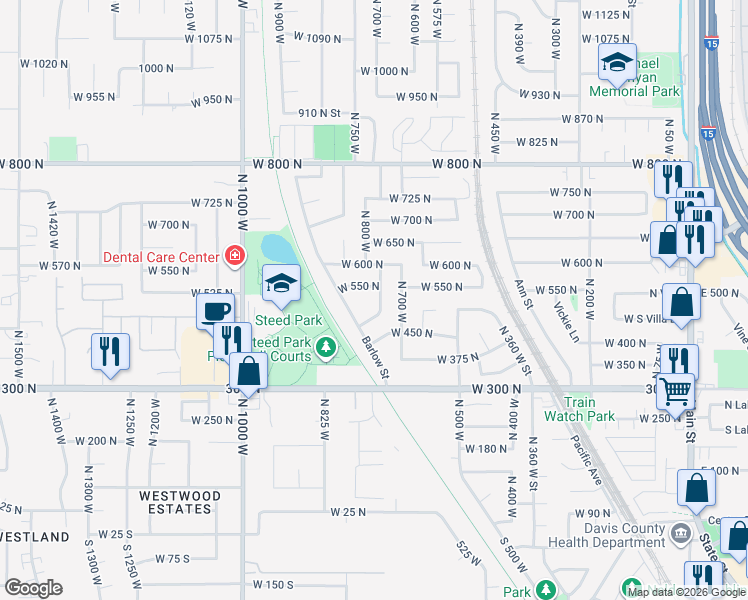 map of restaurants, bars, coffee shops, grocery stores, and more near 518 North 725 West in Clearfield
