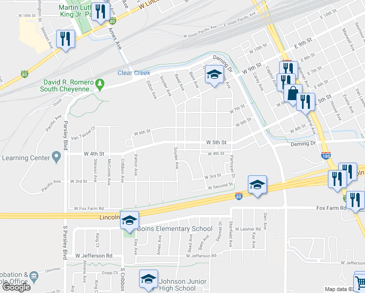 map of restaurants, bars, coffee shops, grocery stores, and more near 801 W 5th St in Cheyenne