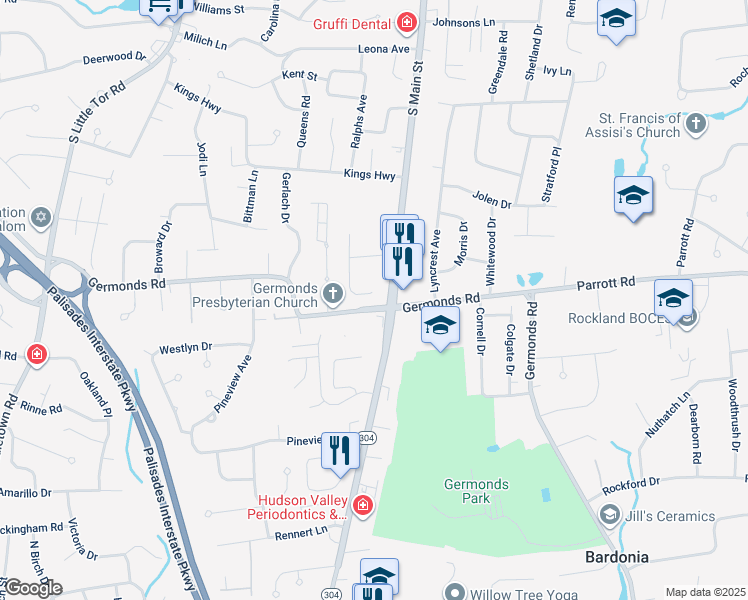 map of restaurants, bars, coffee shops, grocery stores, and more near 3 Overlook Road in New City