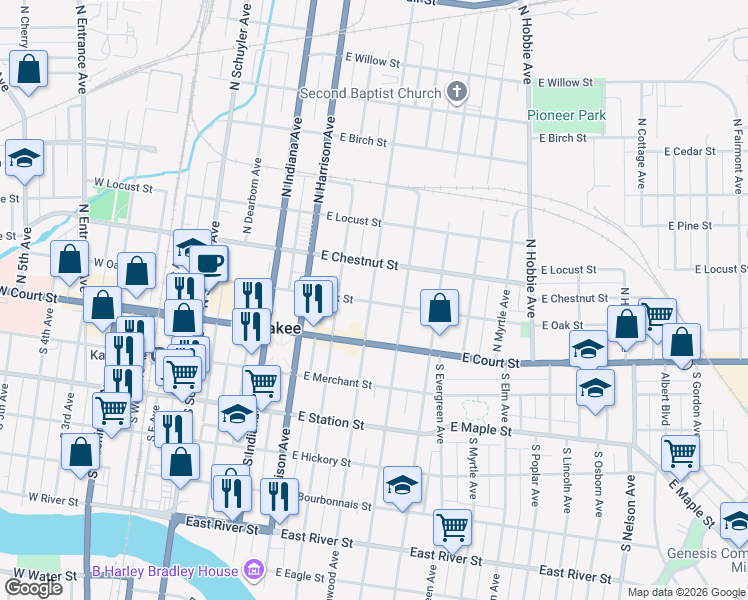 map of restaurants, bars, coffee shops, grocery stores, and more near 206 North Greenwood Avenue in Kankakee