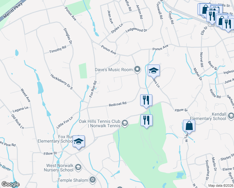 map of restaurants, bars, coffee shops, grocery stores, and more near 12 Coachmans Court in Norwalk