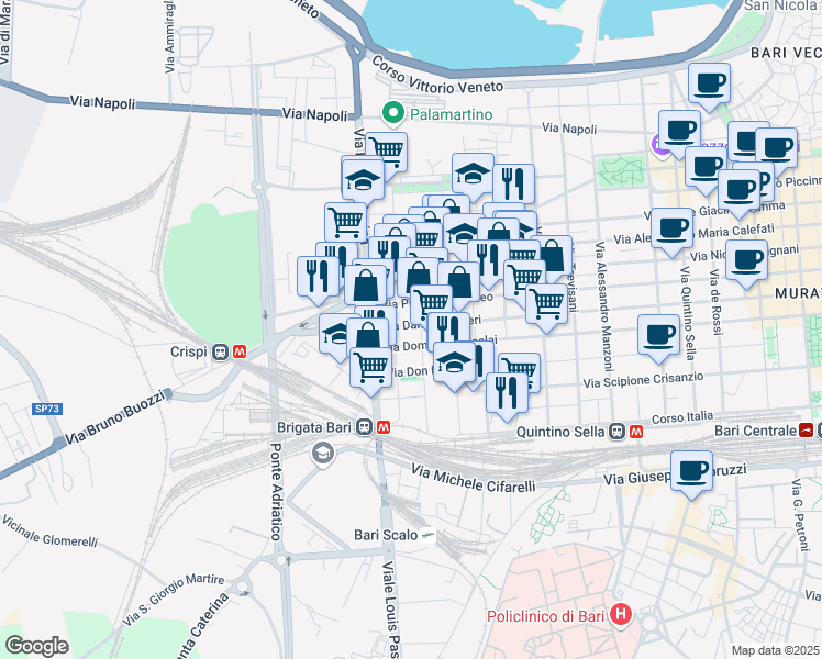 map of restaurants, bars, coffee shops, grocery stores, and more near 21 Via Monsignor Nitti Francesco in Bari